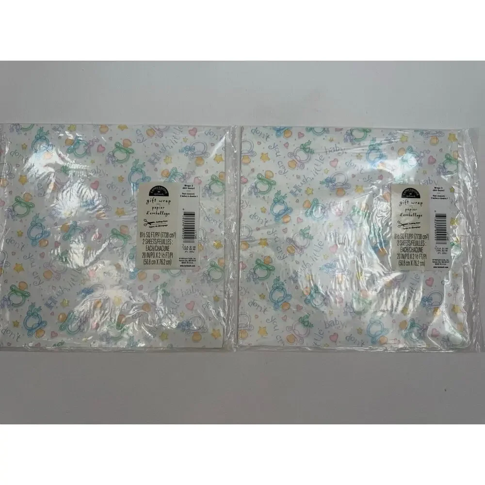 Two New Packages Vintage 90s Baby Shower Wrapping Paper - 4 Total Sheets